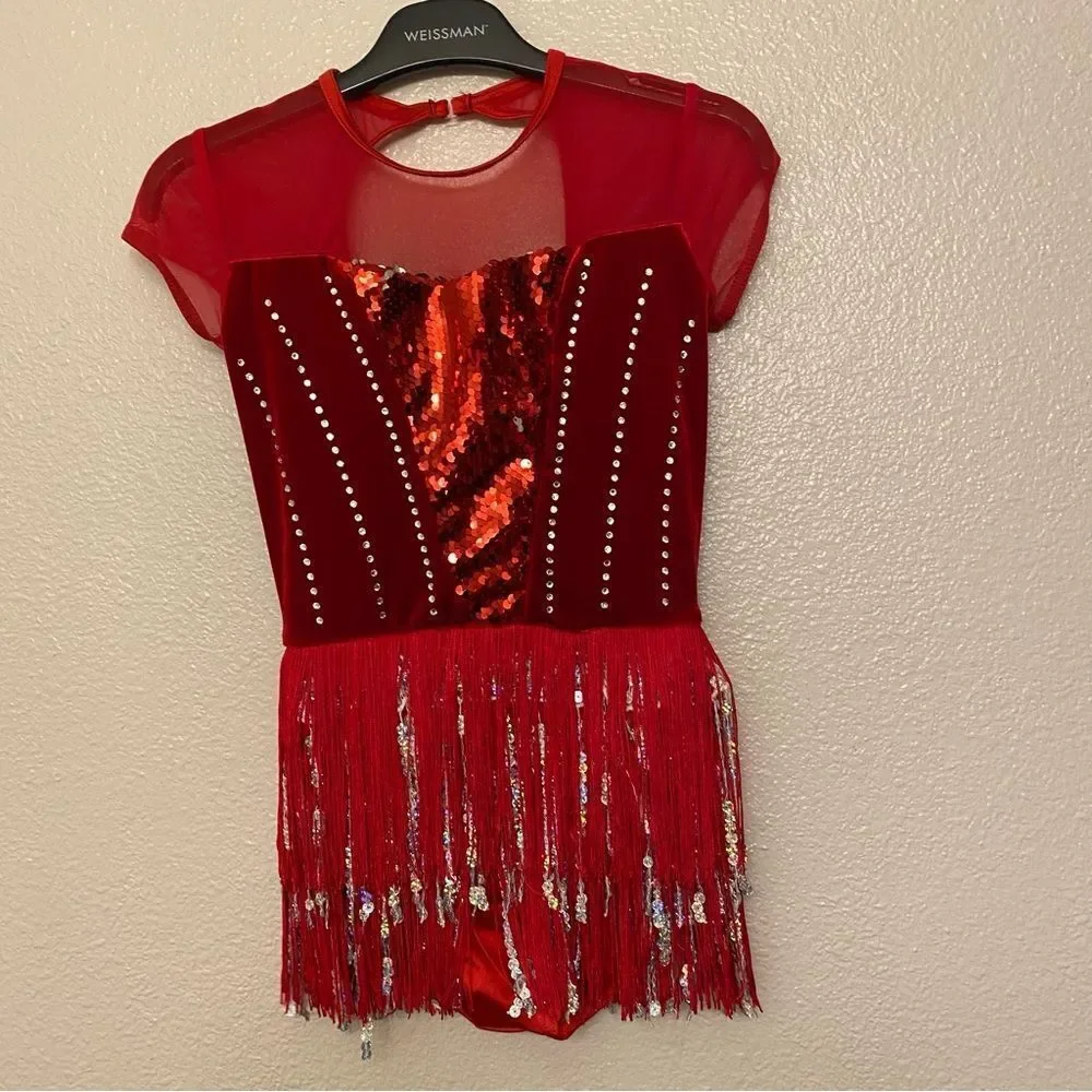 Weissman Dance costume red bling fringe velvet dress Could Have Been Me 14906 MC